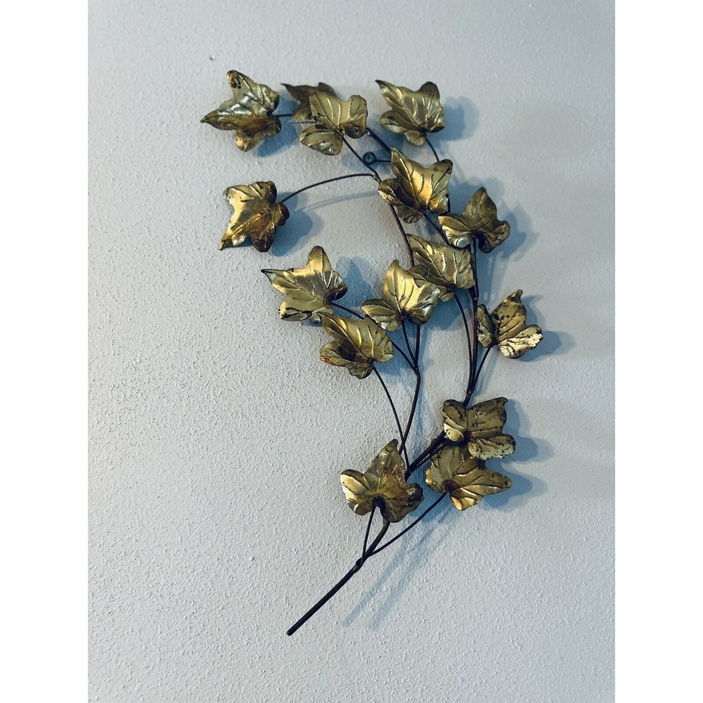 Vintage Brass Ivy Leaf Wall Hanging Metal Branch Sculpture Hollywood Regency 14"